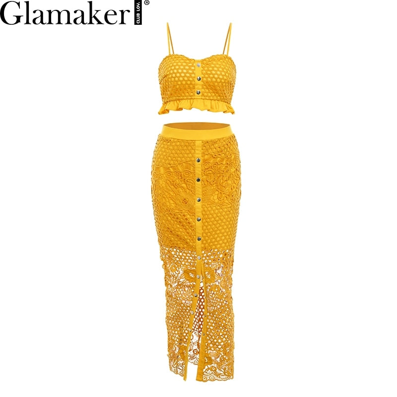 Glamaker Hollow out sexy yellow long dress Women white lace ruffle maxi night dress Bodycon summer red holiday party beach dress - Meyar