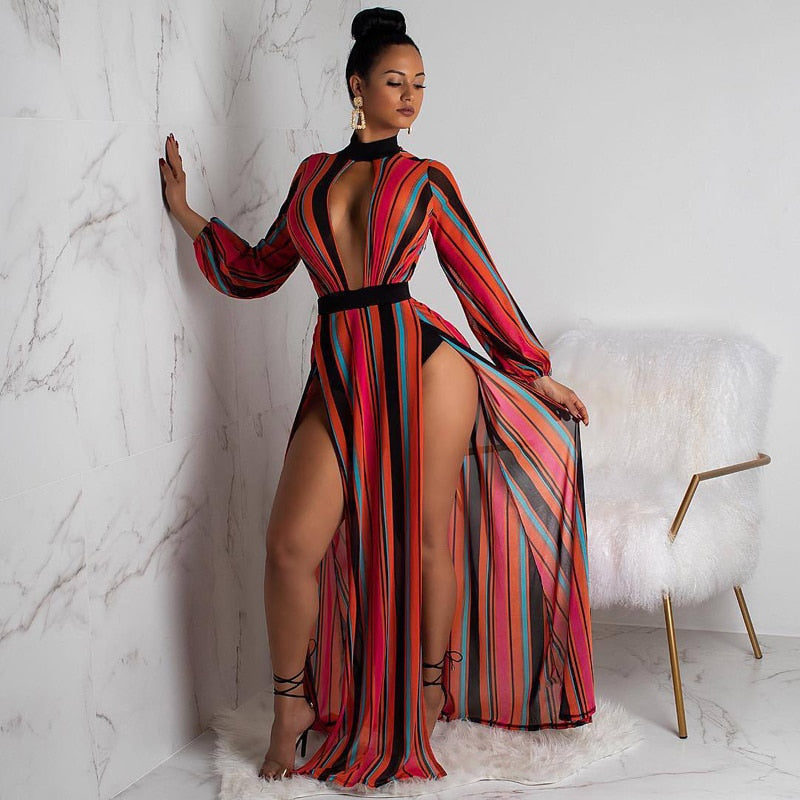 Women Striped V Neck Long Maxi Dress Sexy Split Long Sleeve Lace Dresses Hollow Out Night Clubwear Club Female Vestidos 2019 - Meyar
