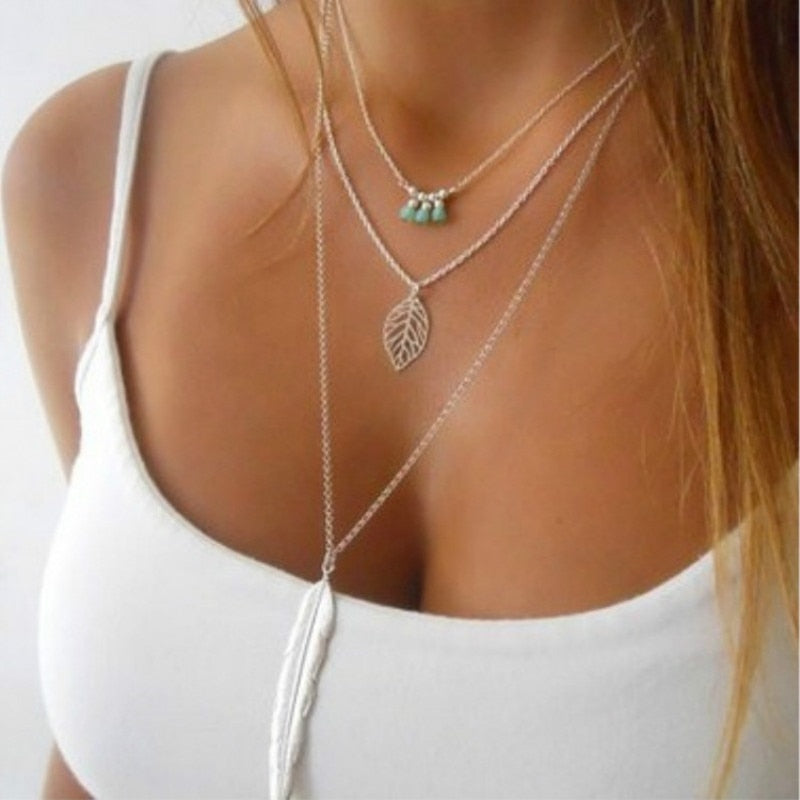 Gold Silver Chain Long Feather Necklace. - Meyar