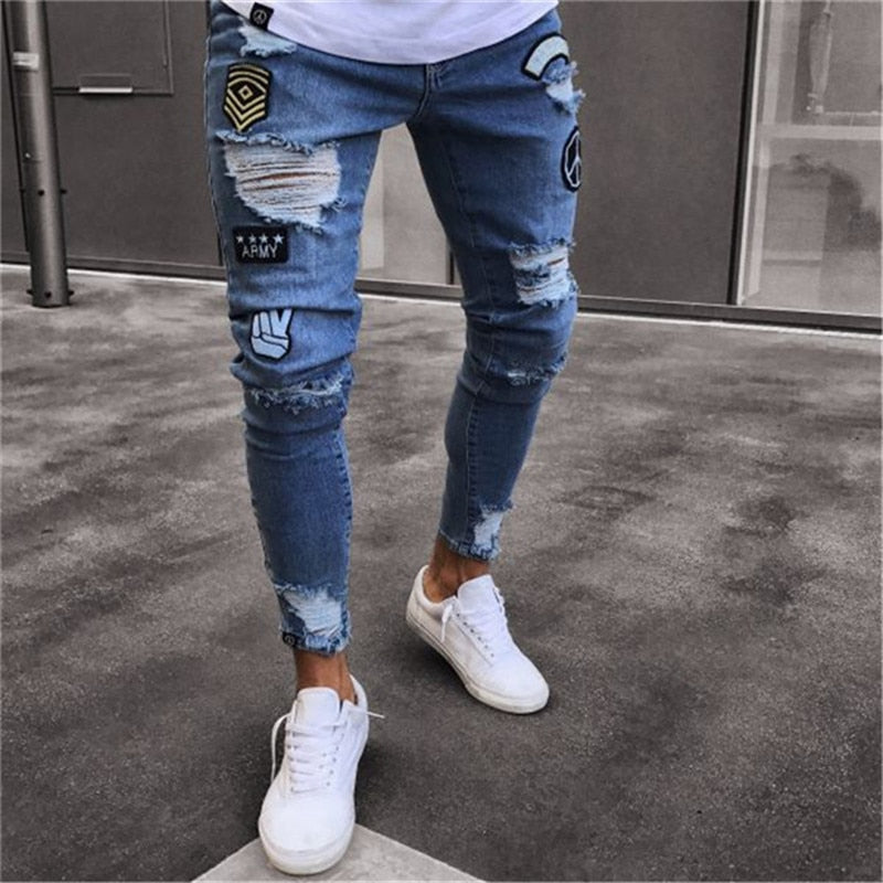 2018 Men Stylish Ripped Jeans Pants Biker Skinny Slim Straight Frayed Denim Trousers New Fashion skinny jeans men Clothes - Meyar
