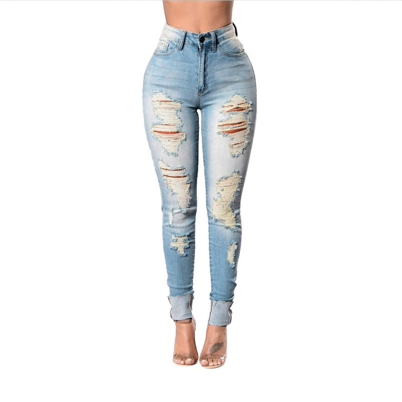 2019 Hot Sales Fashion Women Jeans Denim Hole Female Mid Waist Stretch Slim Sexy Pencil Pants high quality S-XXL - Meyar