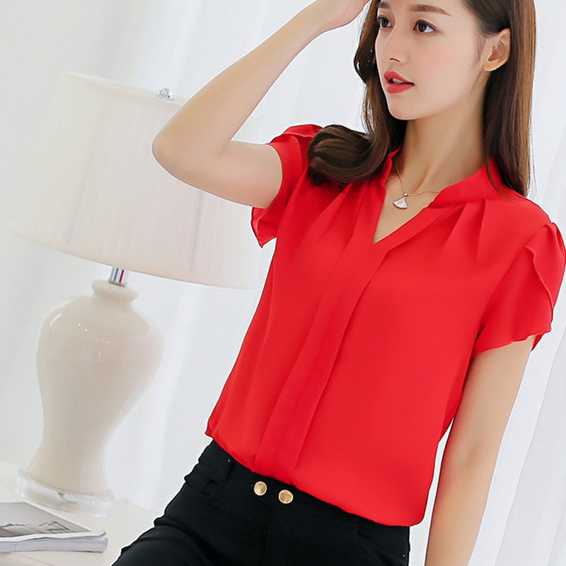 2019 Summer Women Chiffon Blouse Short Sleeve Red Ladies Office Ladies Shirts Plus Size Work Top Plus Size Casul Female Clothing - Meyar