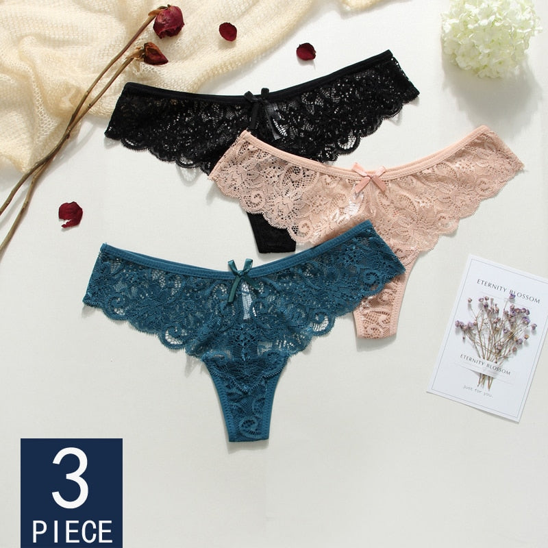 3 Pieces Panties Woman Lace Sexy G-String. - Meyar