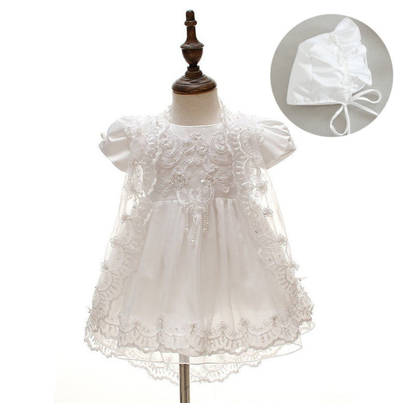 3pcs/set New Born Baby Girls Dress Christening Gown White Princess Lace Chiffon Baptism Dresses for 1 Year Birthday Infantis - Meyar