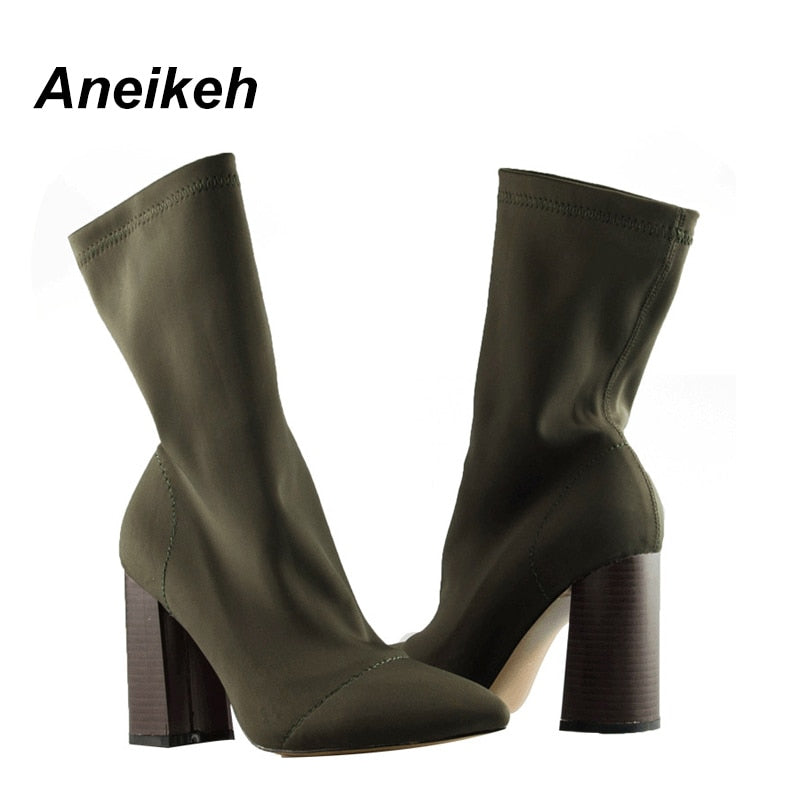 Aneikeh Women's Boots Pointed Toe Yarn Elastic Ankle Boots Thick Heel High Heels Shoes Woman Female Socks Boots 2019 Spring - Meyar