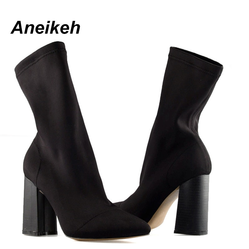 Aneikeh Women's Boots Pointed Toe Yarn Elastic Ankle Boots Thick Heel High Heels Shoes Woman Female Socks Boots 2019 Spring - Meyar