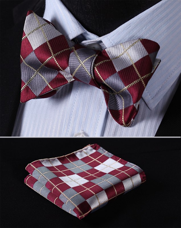 BC4008RS Burgundy Gray Check Bowtie Men Silk Self Bow Tie handkerchief set - Meyar