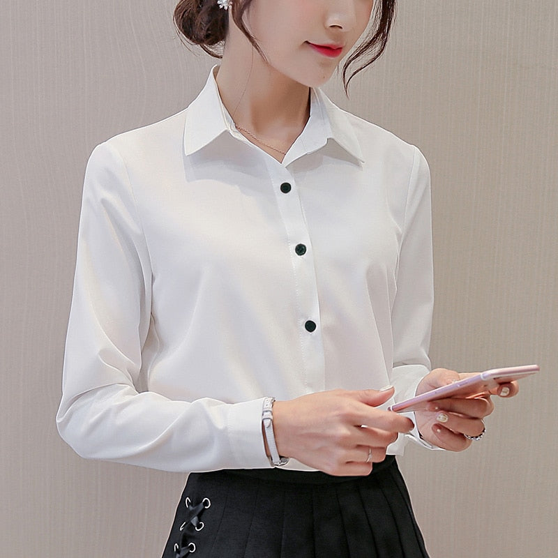BIBOYAMALL White Blouse Women Chiffon Office Career Shirts Tops Fashion Casual Long Sleeve Blouses Femme Blusa - Meyar