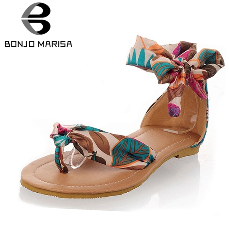 BONJOMARISA 2019 Women Flat flip-flop sandals soft casual flower print ankle strap sandals low heels shoes woman big size 34-43 - Meyar