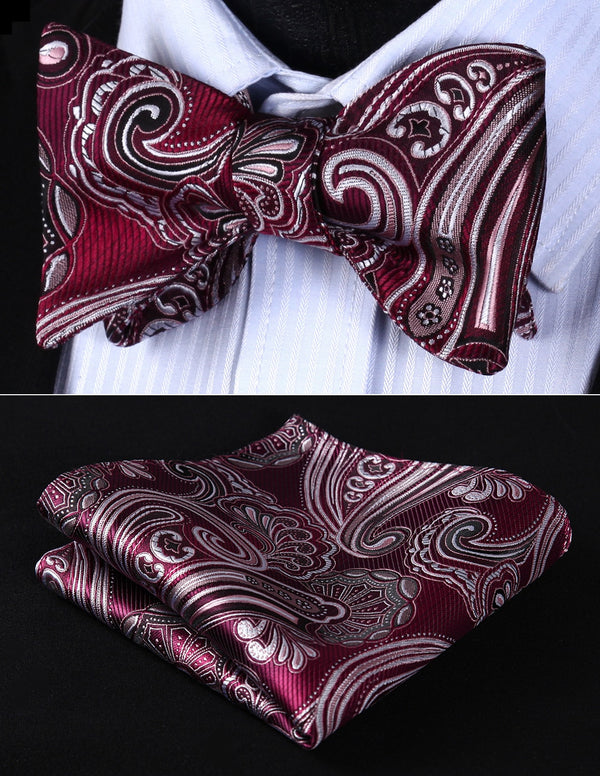 BP923US Burgundy Gray Paisley Bowtie Men Silk Self Bow Tie handkerchief set - Meyar