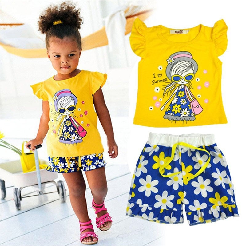 Baby Girls Clothes Sets 2019 Summer Heart Printed Girl Short Sleeve Tops Shirts + Shorts Casual Kids Children's Clothing Suit - Meyar
