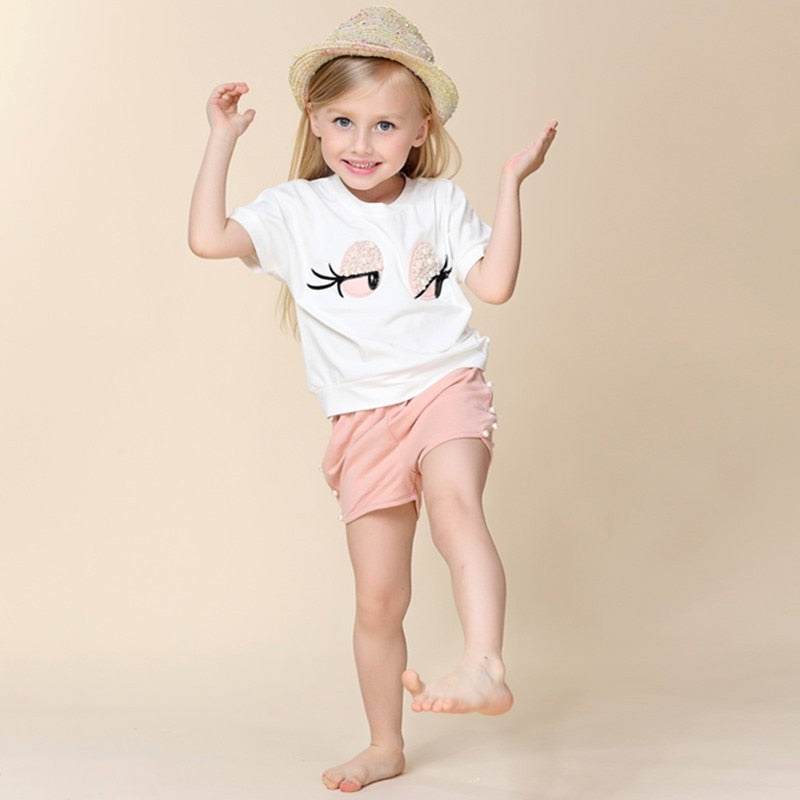 Baby Girls Clothes Sets 2019 Summer Heart Printed Girl Short Sleeve Tops Shirts + Shorts Casual Kids Children's Clothing Suit - Meyar