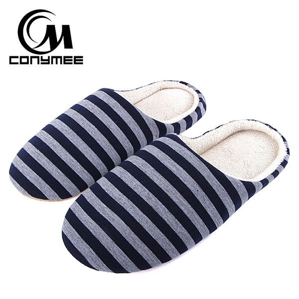 CONYMEE Men Casual Sneakers For Home Slippers Winter Striped Soft Floor Man Indoor Flats Shoes Warm Plush Cotton Slipper Terlik - Meyar