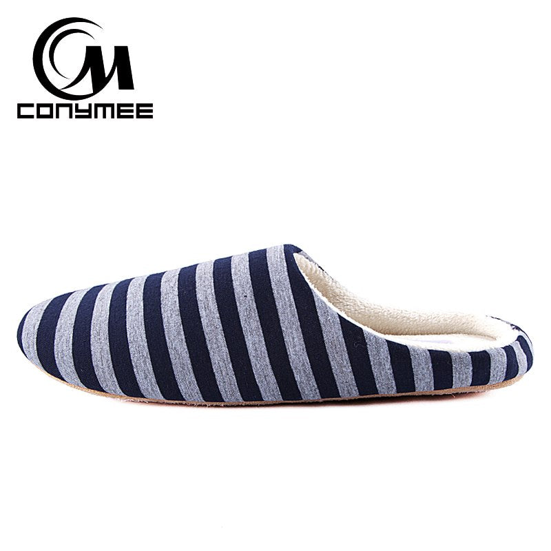 CONYMEE Men Casual Sneakers For Home Slippers Winter Striped Soft Floor Man Indoor Flats Shoes Warm Plush Cotton Slipper Terlik - Meyar