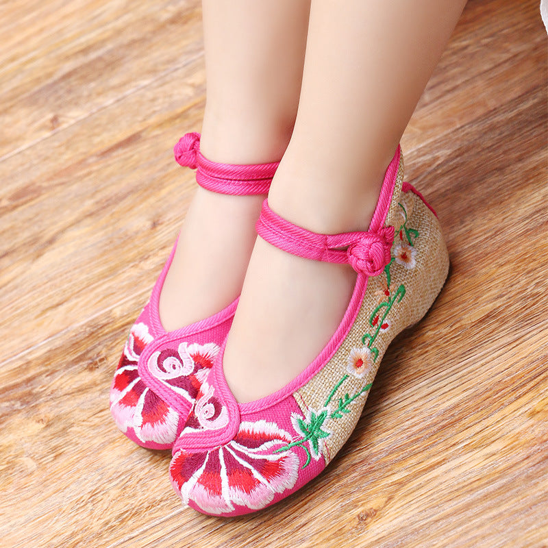 Children shoes canvas girls dance shoes 2018 autumn new chinese style buckle kid girls flower embroidered cloth shoes breathable - Meyar