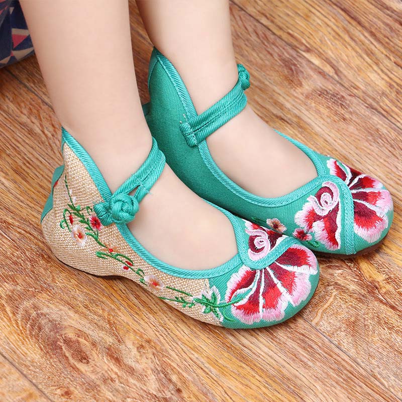 Children shoes canvas girls dance shoes 2018 autumn new chinese style buckle kid girls flower embroidered cloth shoes breathable - Meyar