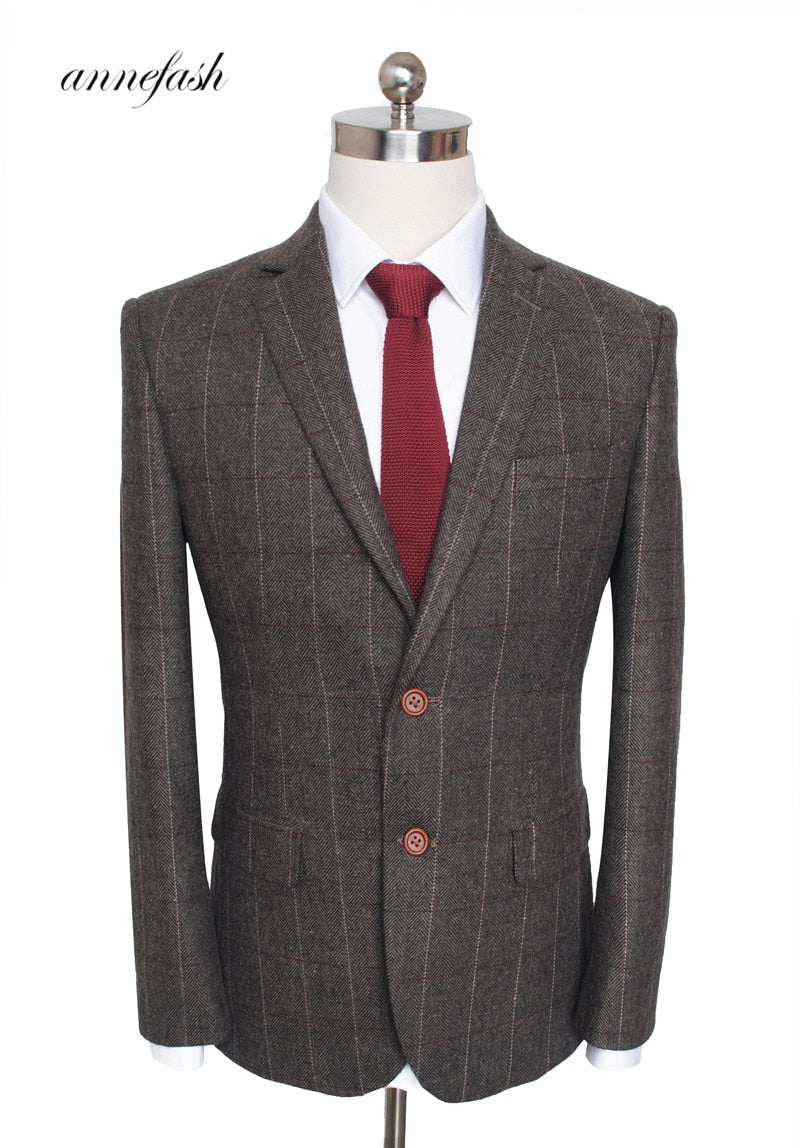 Custom Made Woolen dark brown Herringbone Tweed British style Mens suit tailor slim fit Blazer wedding men suit 3pcs - Meyar