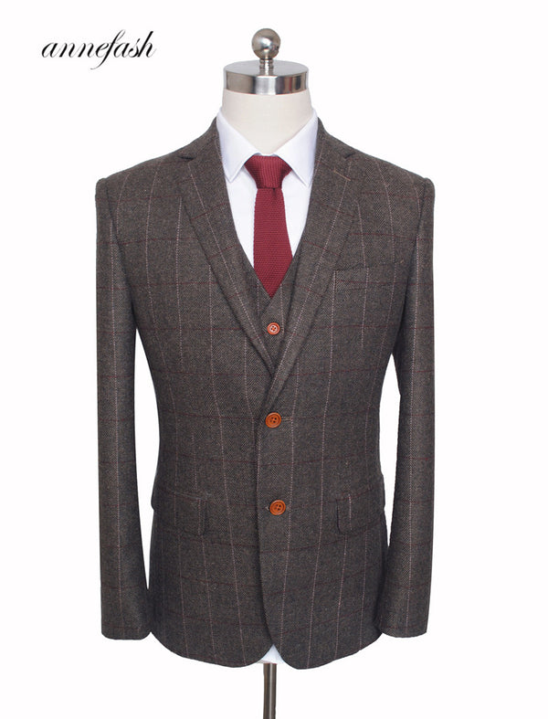 Custom Made Woolen dark brown Herringbone Tweed British style Mens suit tailor slim fit Blazer wedding men suit 3pcs - Meyar