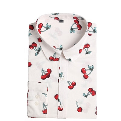 Dioufond New Floral Long Sleeve Vintage Blouse Cherry Turn Down Collar Shirt Blusas Feminino Ladies Blouses Womens  Tops Fashion - Meyar