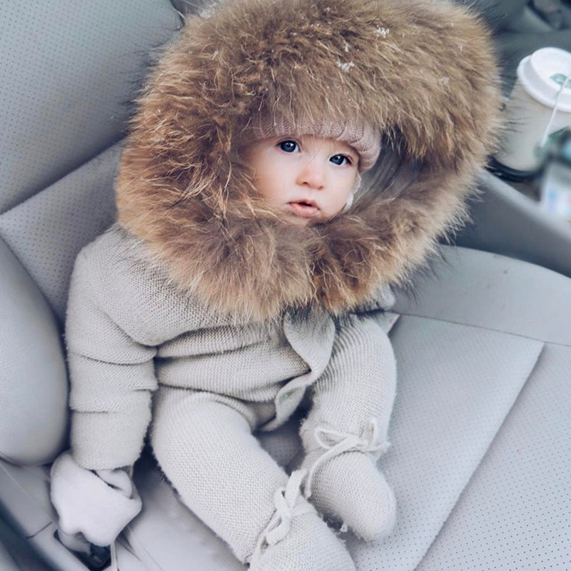 Drop Shipping 2018 Fashion Big Fur Hooded Footie New Born Baby Clothes Winter Boys Girls Garment Comfortable Baby's Suit DA0103 - Meyar