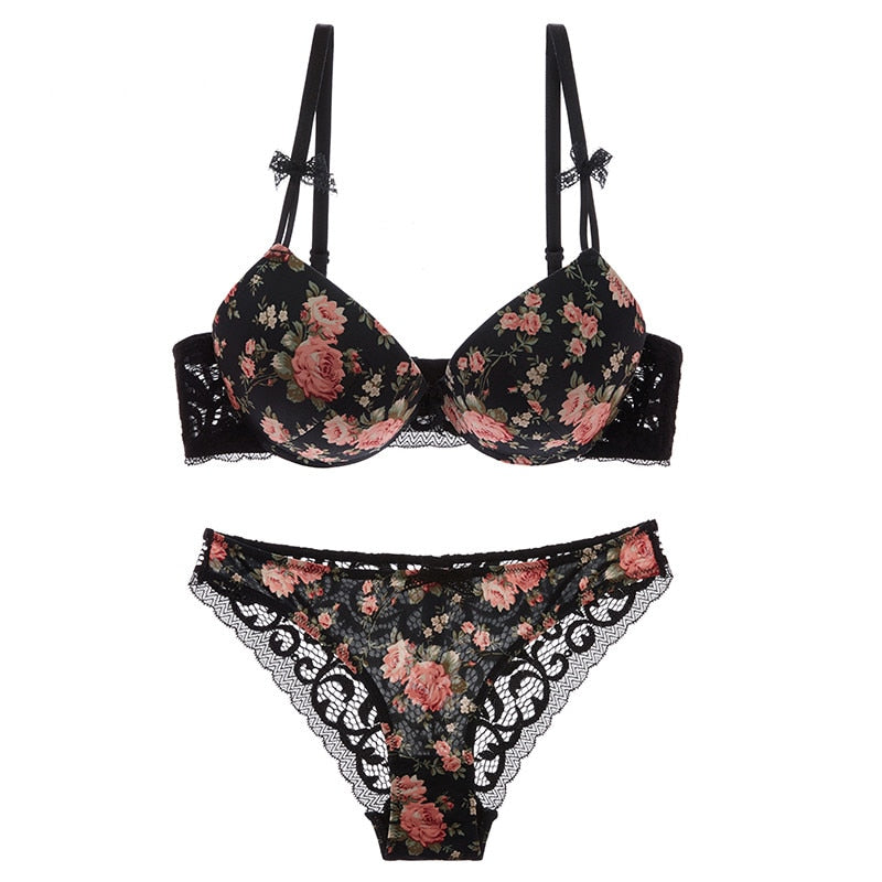 Famous Brand Sexy High Quality Women Print Bra set Silk Lace Flower Push up Big size Underwear Bow Bra and Hollow out Panties - Meyar