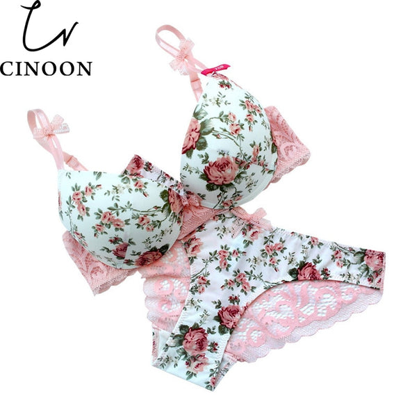 Famous Brand Sexy High Quality Women Print Bra set Silk Lace Flower Push up Big size Underwear Bow Bra and Hollow out Panties - Meyar