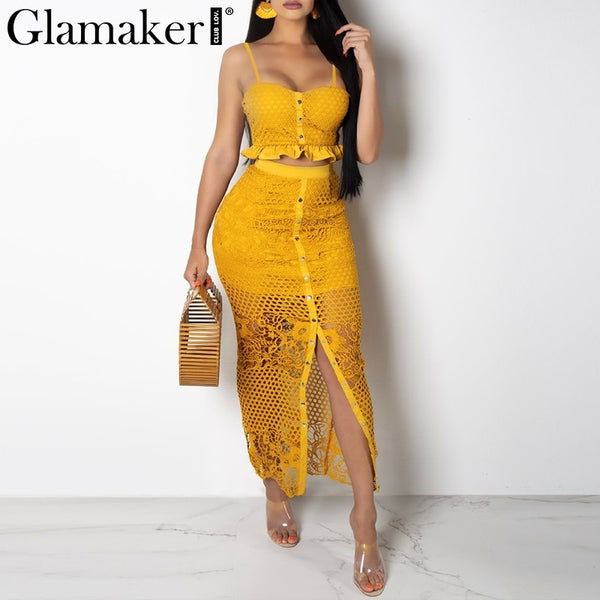 Glamaker Hollow out sexy yellow long dress Women white lace ruffle maxi night dress Bodycon summer red holiday party beach dress - Meyar