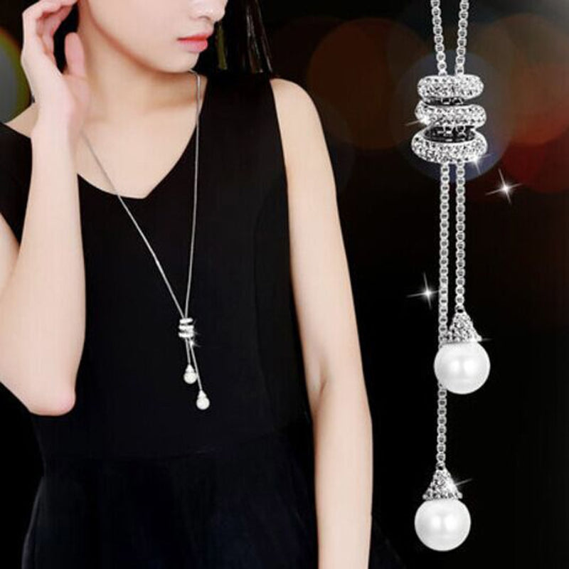 HOT Simulated Pearl Crystal Long Sweater Chain Circles Necklace Vintage Accessary Crystal Collares Statement Jewlery - Meyar