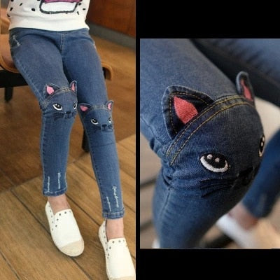 Hot Quality 2018 Girls Jeans for Spring and Autumn Children's Clothing Kids Cat Embroidered Jeans 2-8 Ages Blue girl jeans kids - Meyar