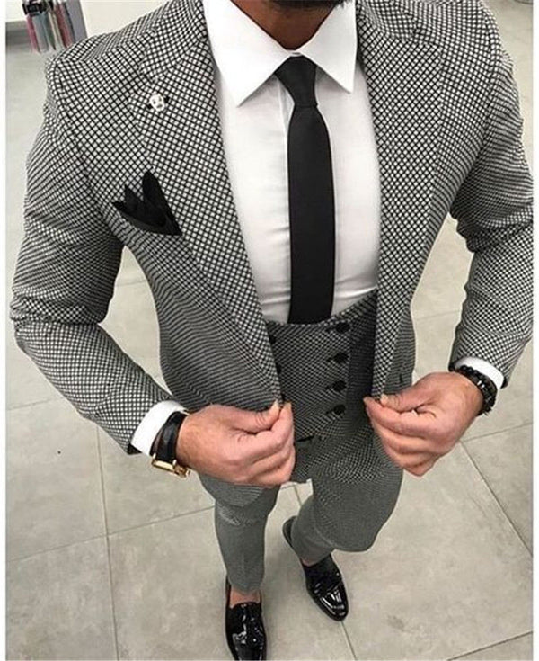 Houndstooth Custom Made Mens Checkered Suit Dresses Tailored black Weave Hounds Tooth Check wedding men suits jacket+pants+vest - Meyar