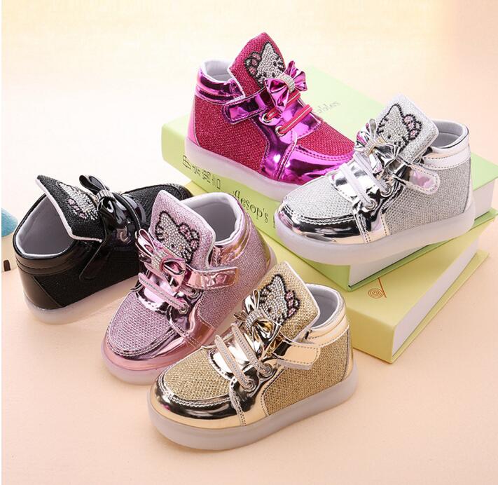 KKABBYII Children Shoes New Spring Hello Kitty Rhinestone Led Shoes Girls Princess Cute Shoes With Light EU 21-30 - Meyar