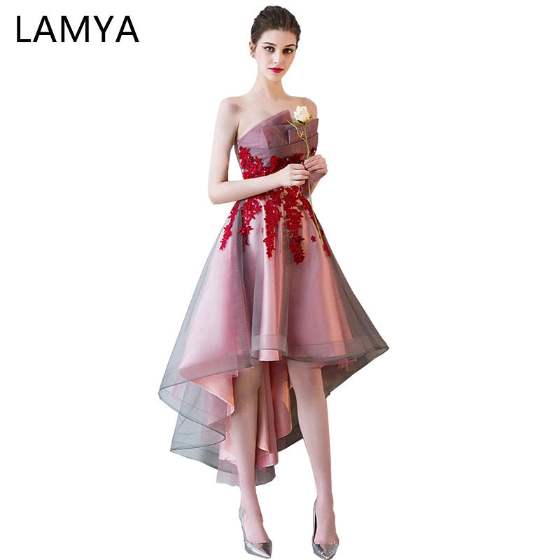 LAMYA Short Front Back Long Tail Prom Dresses Women Banquet High Low Evening Party Dress 2018 Vintage Lace Scalloped Formal Gown - Meyar