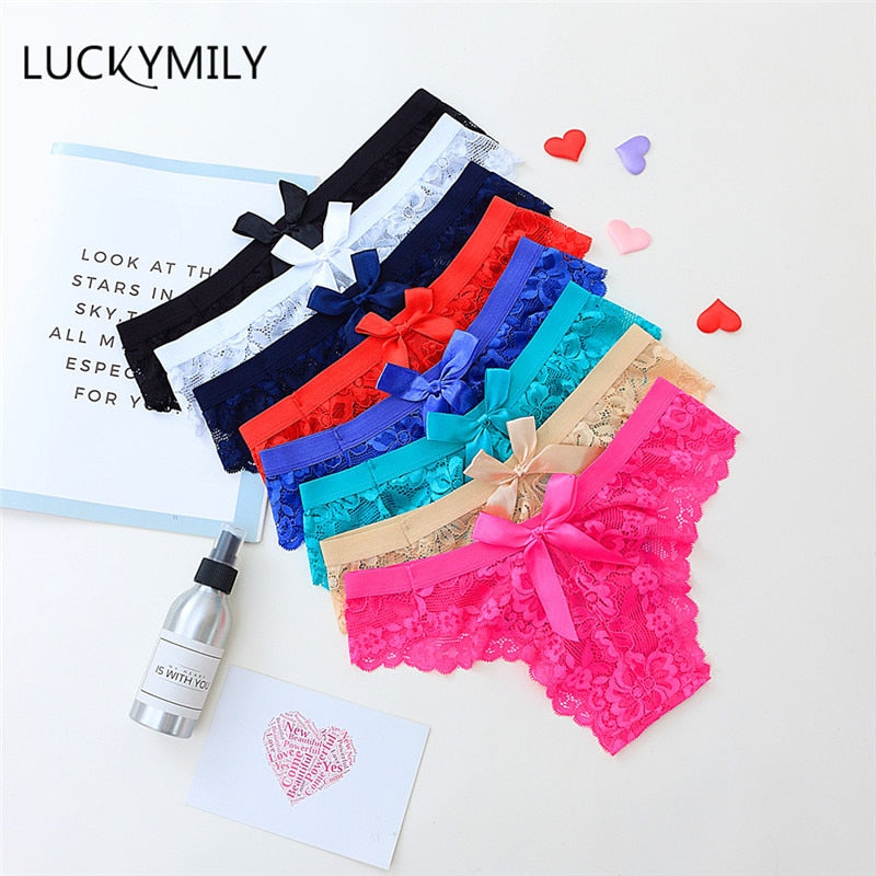 Luckymily Sexy Women Bowtie Panties Female Underwear Floral Lace Women Panties Breathable Ladies Low Waist Transparent Briefs - Meyar