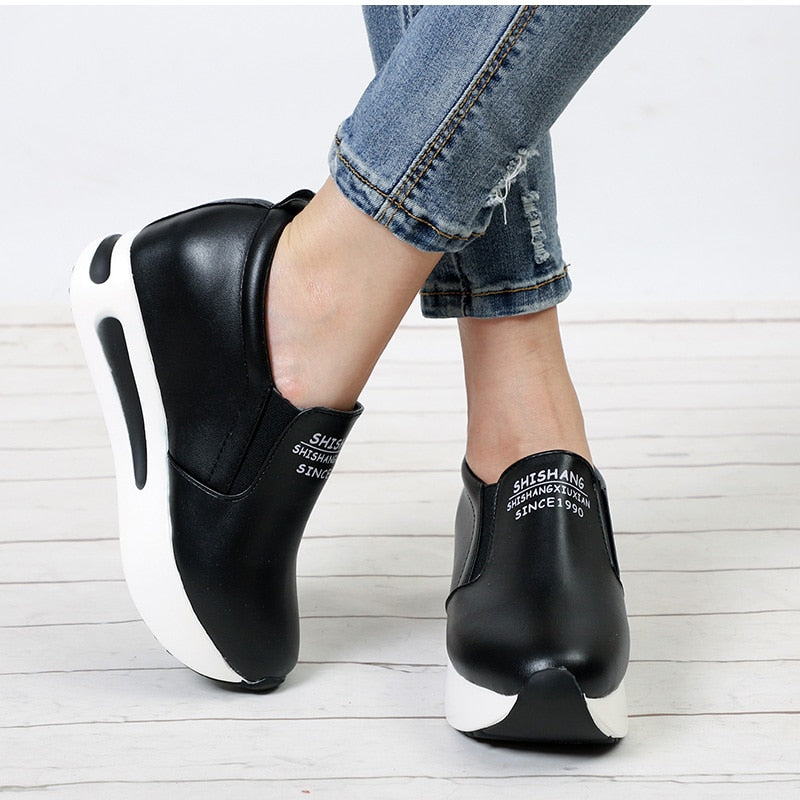 MCCKLE Women Creepers Spring Increasing Height Shoes Casual Slip On Moccasins Platform Wedge Heel Fashion Elastic Band Footwear - Meyar