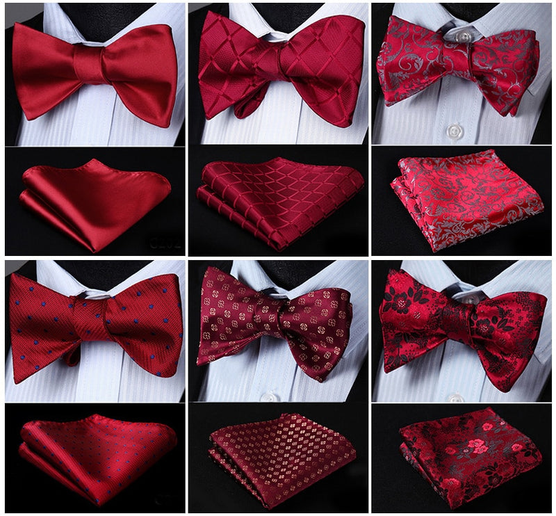 Men's Bow Tie Handkerchief Red Burgundy Self Bow Tie Woven Silk Plaid Check Polka Dot Paisley Floral Party Wedding Business Set - Meyar