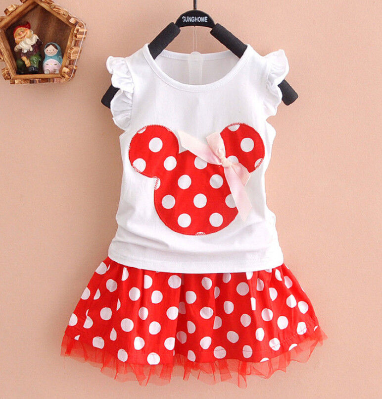 Minnie Mouse Clothes Set Kids Baby Girls Summer Outfits Clothes Sleeveless T-shirt Tops Polka Dot Tutu Skirt Party - Meyar