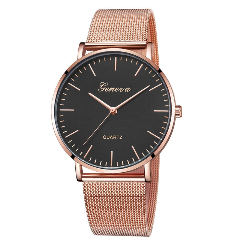 Modern Fashion Black Quartz Watch Men Women Mesh Stainless Steel Watchband High Quality Casual Wristwatch Gift for Female - Meyar
