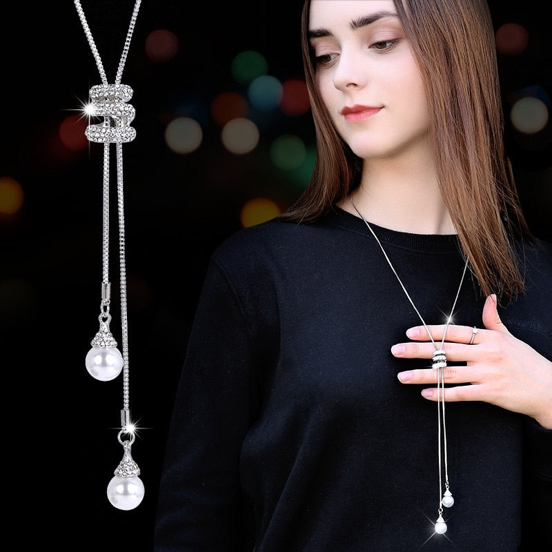 NEW Simulated Pearl Crystal Long Sweater Chain Circles Necklace Vintage Accessary Crystal Collares Statement Jewlery - Meyar