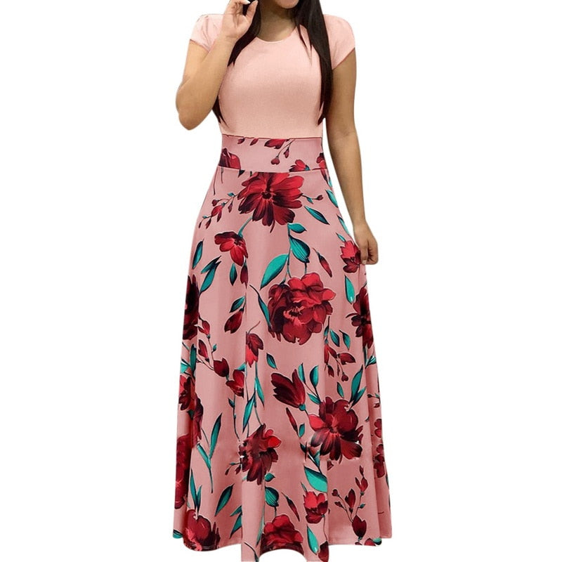 NIBESSER Women Stylish Floral Print Summer Patchwork Maxi Dress 2019 Casual Short Sleeve Vintage Boho Beach Long Dress Vestidos - Meyar