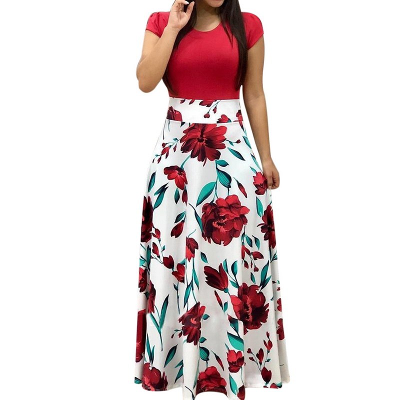 NIBESSER Women Stylish Floral Print Summer Patchwork Maxi Dress 2019 Casual Short Sleeve Vintage Boho Beach Long Dress Vestidos - Meyar