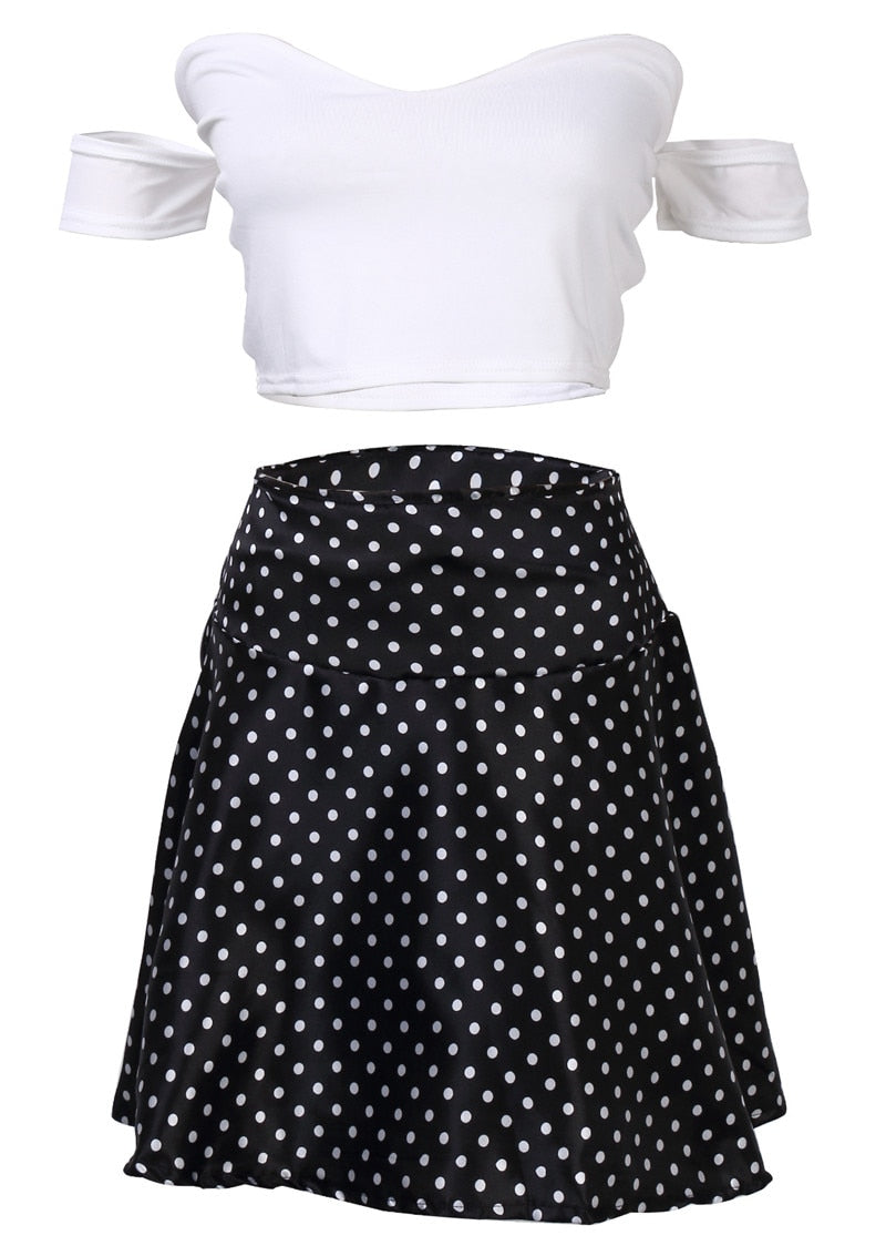 New Lady Short Sleeve Bodycon Casual Party Evening Summer Costume White Polka Dot Short Mini Dress 2PCs - Meyar