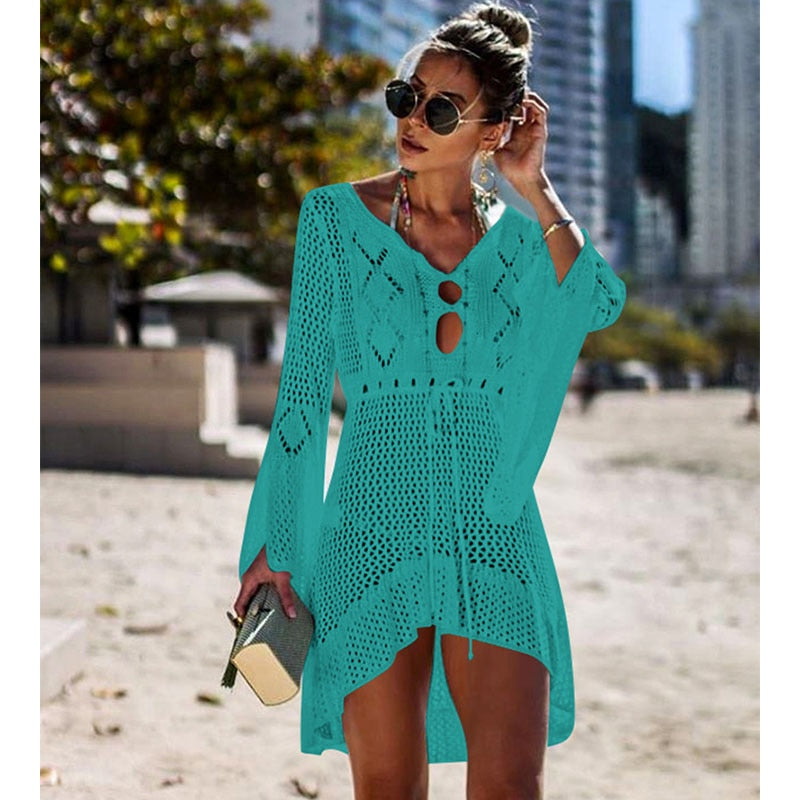 New Sexy Cover Up Bikini Women Swimsuit Cover-up Beach Bathing Suit Beach Wear Knitting Swimwear Mesh Beach Dress Tunic Robe - Meyar