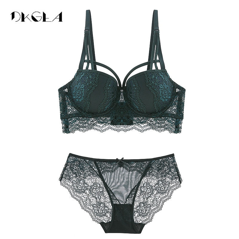 New Top Sexy Underwear Set Cotton Push-up Bra and Panty Sets 3/4 Cup Brand Green Lace Lingerie Set Women Deep V Brassiere Black - Meyar