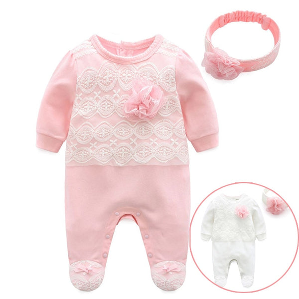 Newborn Baby Girl Cotton Lace Footies 1piece Overall with Hair Band 2018 New Spring Pink Infant Girl Clothes Born 3m 6m 1t Gift - Meyar