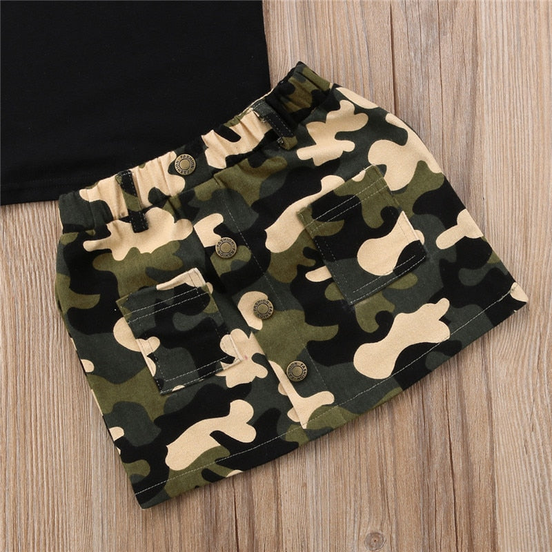 Newborn Kid Baby Girl clothes round neck short sleeve letter print Top Camouflage Button pocket Skirts 2pc Toddler cotton Outfit - Meyar