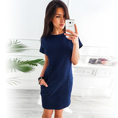 O-neck Short Sleeve Solid Party Dress Loose Straight Fashion Pockets - Meyar