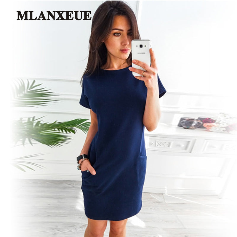 O-neck Short Sleeve Solid Party Dress Loose Straight Fashion Pockets - Meyar
