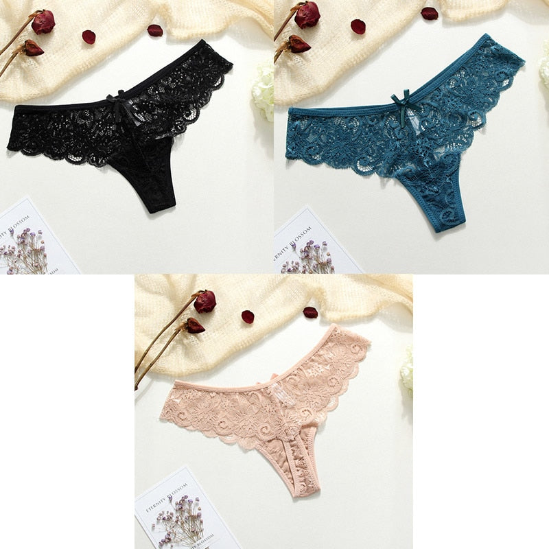 Panties Woman Lace Sexy G-String 3 Pieces Briefs Lingerie Low Waist Cotton Crotch Woman Panty T-back Female Underwear For Woman - Meyar