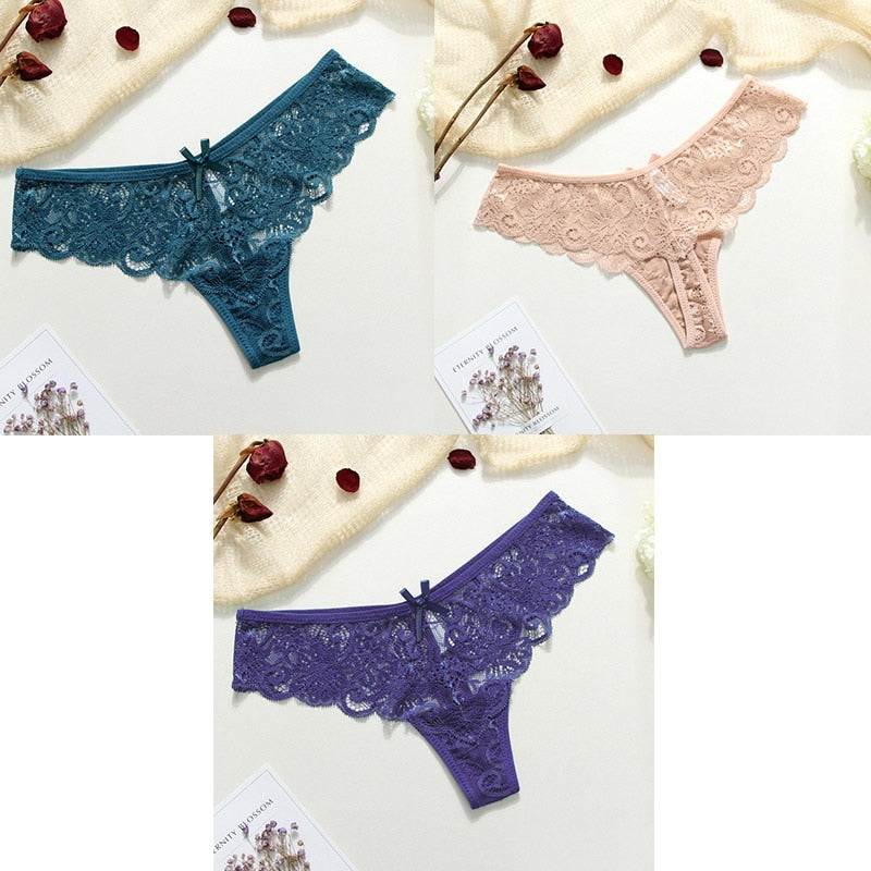 Panties Woman Lace Sexy G-String 3 Pieces Briefs Lingerie Low Waist Cotton Crotch Woman Panty T-back Female Underwear For Woman - Meyar