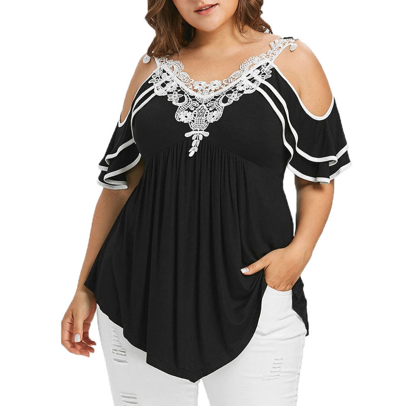 Plus Size 5XL Summer Womens Tops and Blouses 2018 Streetwear Lace Cold Shoulder Tee Shirts Tunic Ladies Top for Womens Clothing - Meyar